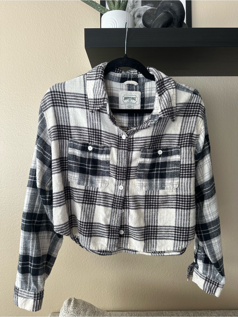 American Eagle Outfitters Black & White Plaid Cropped Shacket